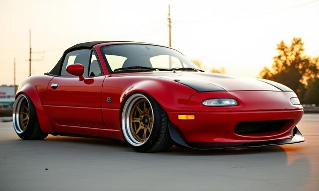 Mazda MX-5 na may lowered stance at widebody kit, ipinapakita ang aerodynamic at handling modification.