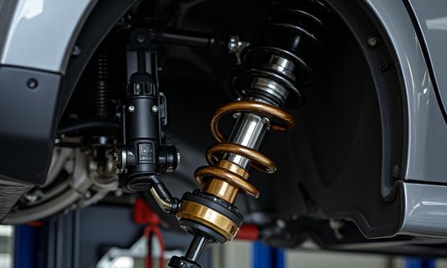 Mitsubishi Lancer Evolution na may coilover suspension installation, ipinapakita ang suspension upgrade.